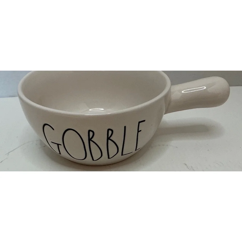 Rae Dunn GOBBLE Soup Crock White Ceramic Side Handle Thanksgiving Farmhouse Bowl